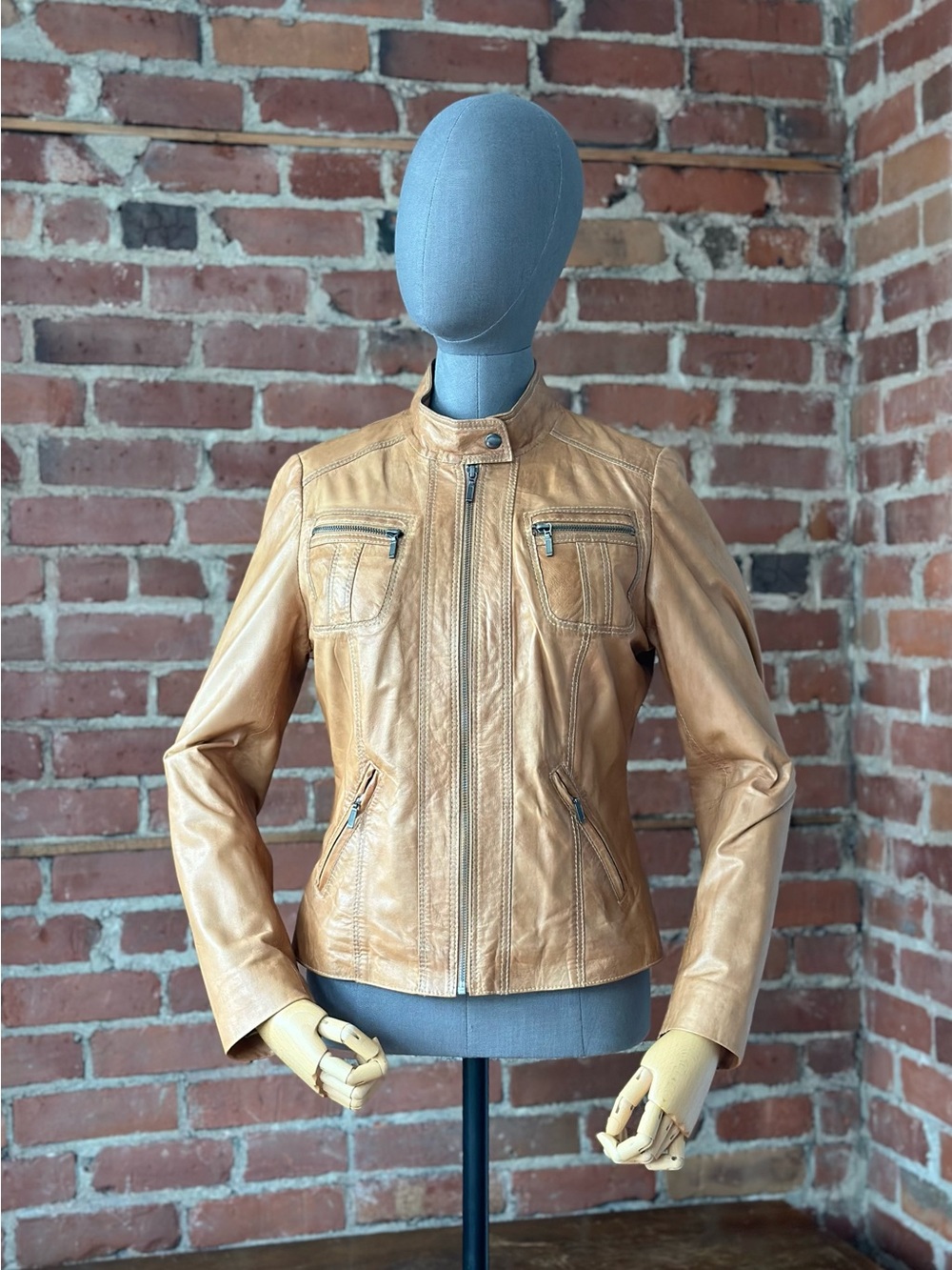 Y2K Soft Leather Moto Jacket Camel Fitted Zip Jacket